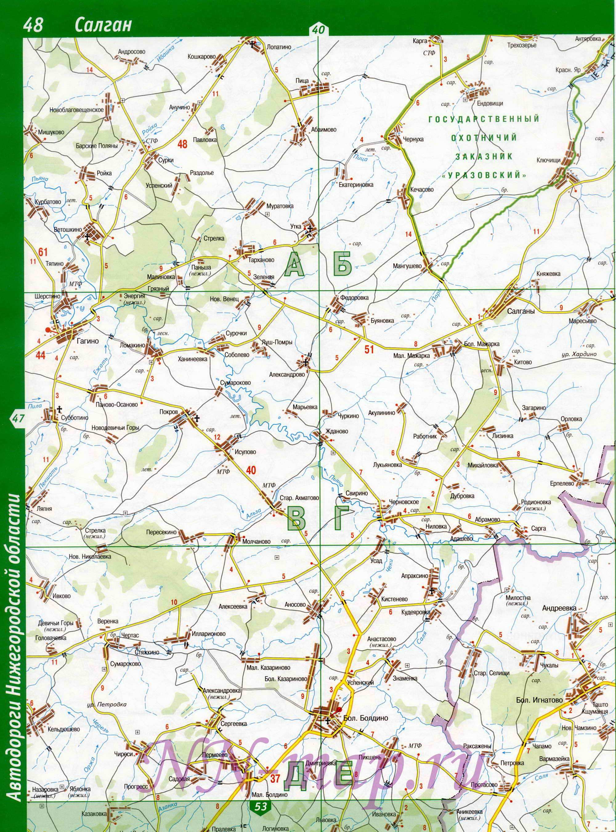 Карта Большеболдинского района Нижегородской области. Подробная карта Большеболдинский район, A0 - 