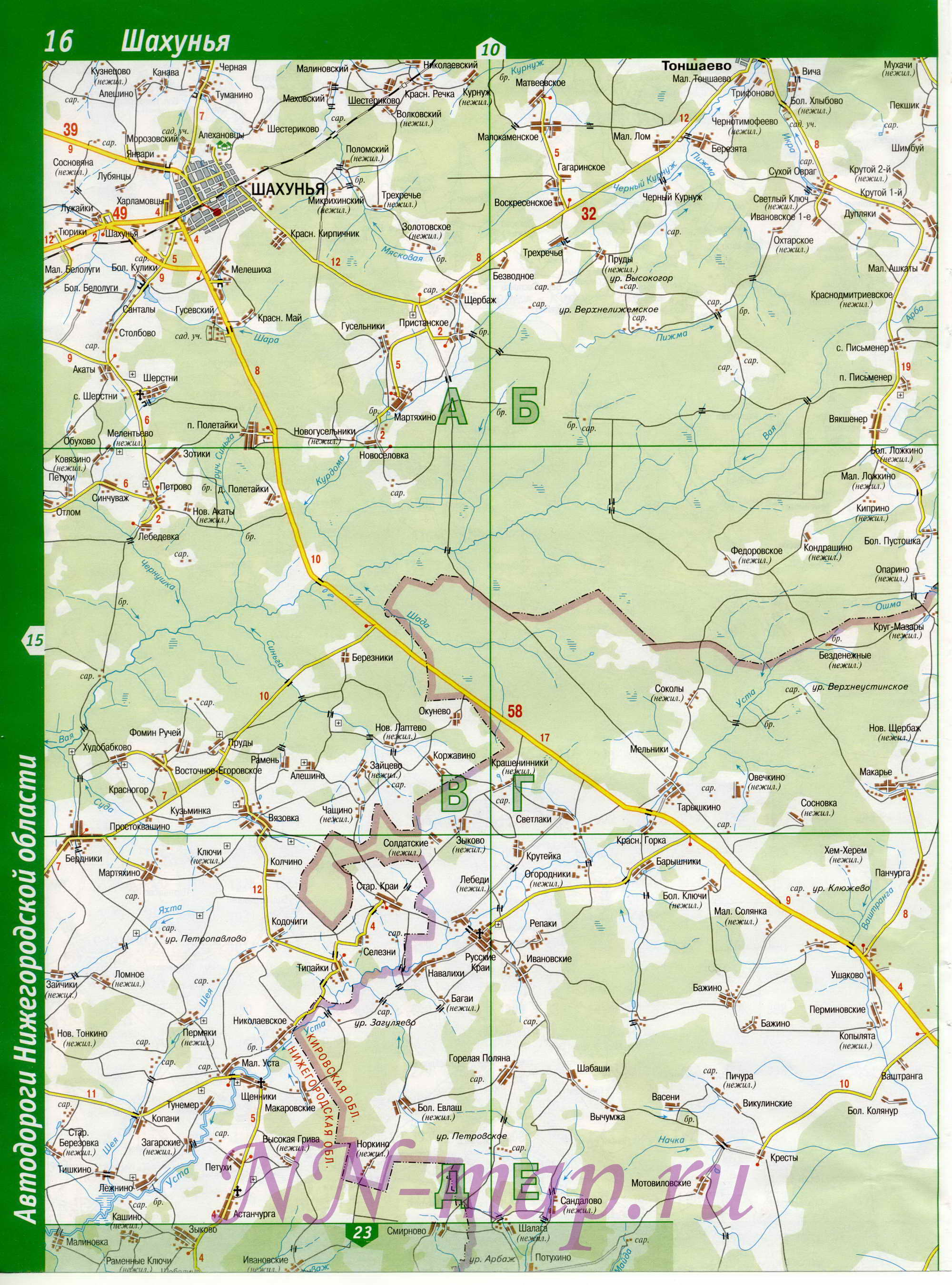 Карта Шахунский район. Подробная карта Шахунского района Нижегородской области, B1 - 
