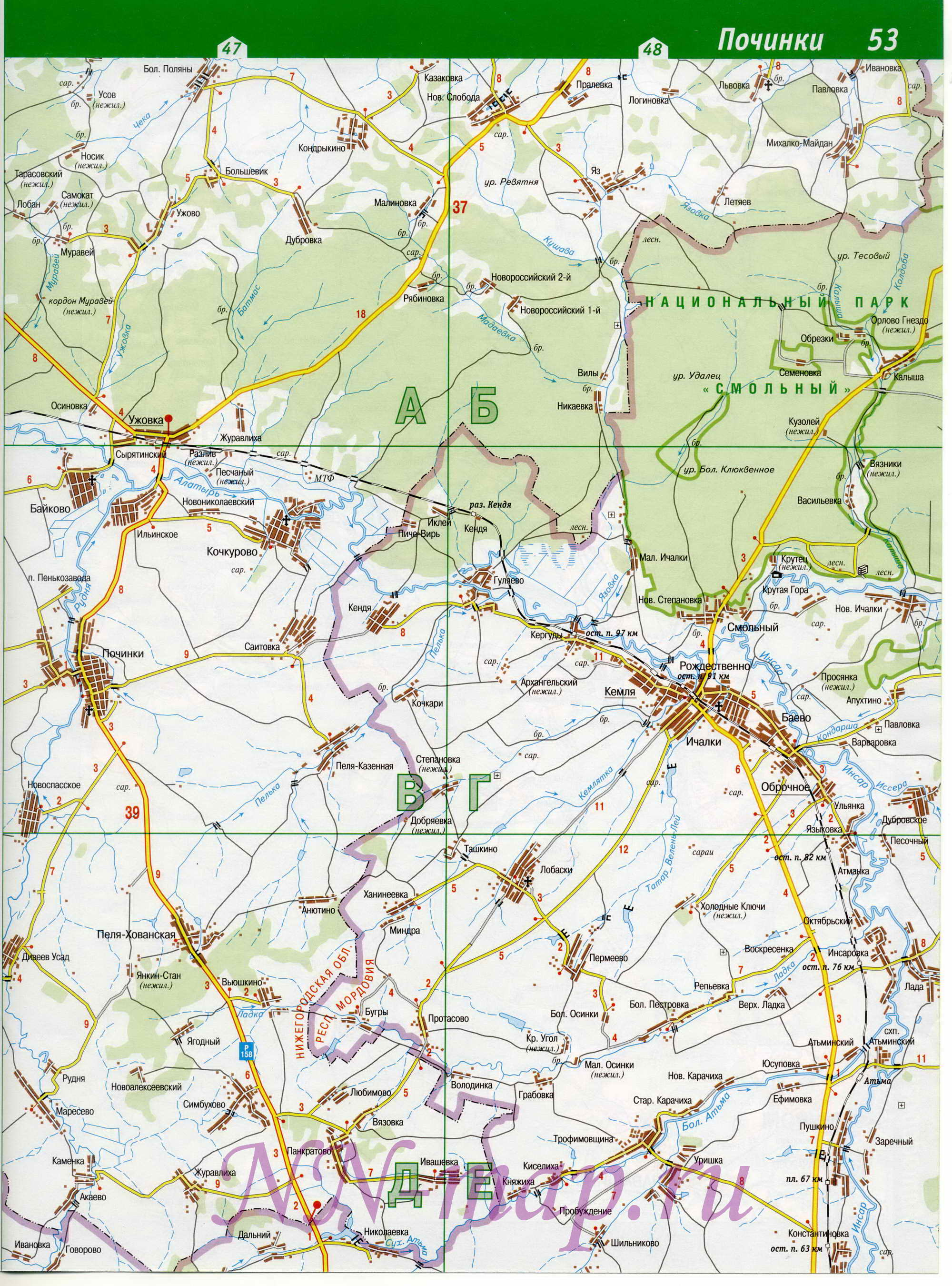 Карта Починковский район, Нижегородская область. Подробная карта автодорог Починковского района, B0 - 